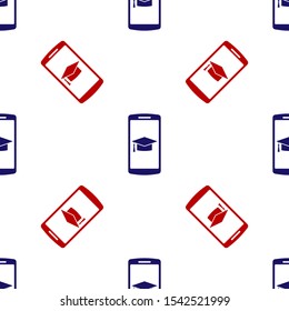 Blue and red Graduation cap on screen smartphone icon isolated seamless pattern on white background. Online learning or e-learning concept.  Vector Illustration