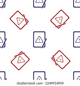 Blue and red Graphic tablet with exclamation mark icon isolated seamless pattern on white background. Alert message smartphone notification.  Vector