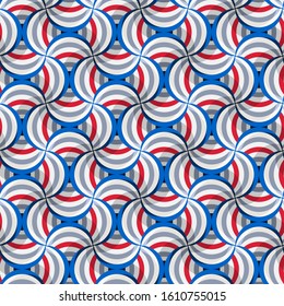 blue, red, gray, black and white segments are arranged in a certain order and form a beautiful art seamless pattern with 3D effect. vector