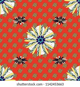 Blue, red and gray vector illustration. Floral illusion seamless pattern.