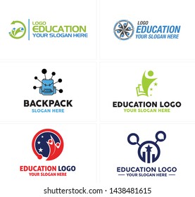 Blue red green line art logo design combine people and book with backpack and tech suitable for education services coaching school