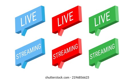 Streaming verde rojo azul en vivo. Botones vectoriales 3d isométricos. Símbolos de Internet para transmitir iconos en un fondo blanco.