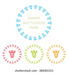 Blue, red, green and orange round vector frame made from color shuttlecocks icons with text Summer shuttlecocks frame