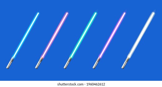 Blue, red, green, pink and yellow laser sword lightsaber set isolated on blue background. May the 4th be with vector illustration with neon glowing lighting sword. Star wars day poster