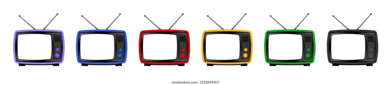 Blauer, roter, grüner, violetter, gelber und schwarzer Retro-TV mit Antenne. Vintage-Fernseher. Altes Gerät. Transparente Abbildung eines Bildschirms