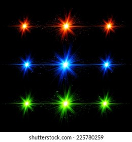 Blue, red and green techno style vector explosions set on black background