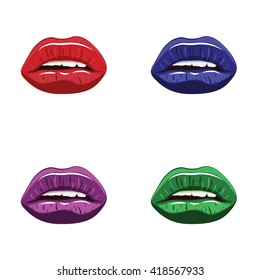 Blue, red, green, violet lips. Set sexy colored lips, shining lipstick.