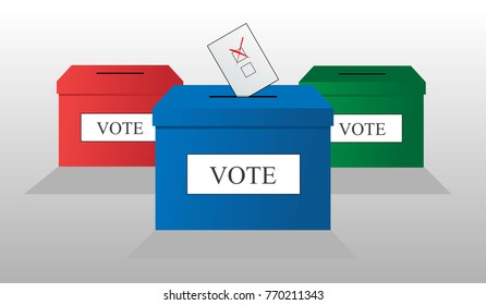 Blue, Red and Green vote boxes. Vote on Blue box.