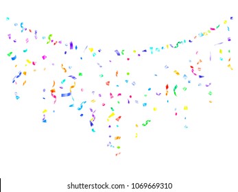 Blue red green yellow glitter holiday realistic confetti flying on black vector. Premium tinsel sparkle elements flying, gradient foil texture serpentine streamers confetti falling festive background.
