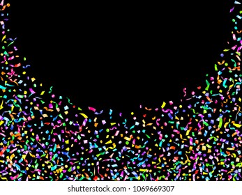 Blue red green yellow glossy holiday realistic confetti flying on black vector. Luxurious rich tinsel sparkle elements flying, gradient foil texture serpentine streamers confetti falling background.