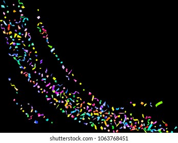 Blue red green yellow glowing holiday realistic confetti flying on black vector. Premium tinsel sparkle elements flying, gradient foil texture serpentine streamers confetti falling festive background.