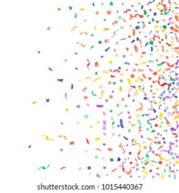 Blue red green yellow realistic confetti flying backdrop design. Holiday tinsel sparkle elements flying, gradient foil texture serpentine streamers confetti falling Christmas background
