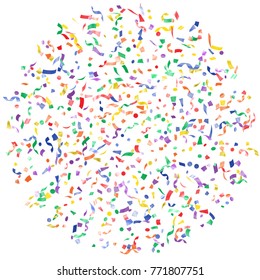 Blue red green yellow realistic confetti flying card background. Luxurious tinsel sparkle elements flying, gradient foil texture serpentine streamers confetti falling anniversary background.