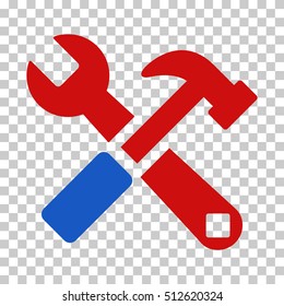 Blue And Red Hammer and Wrench interface toolbar pictogram. Vector pictograph style is a flat bicolor symbol on chess transparent background.