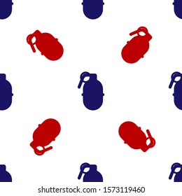 Blue and red Hand grenade icon isolated seamless pattern on white background. Bomb explosion.  Vector Illustration