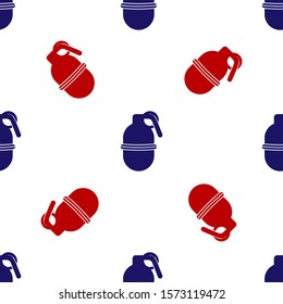 Blue and red Hand grenade icon isolated seamless pattern on white background. Bomb explosion.  Vector Illustration