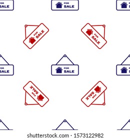 Blue and red Hanging sign with text For Sale icon isolated seamless pattern on white background. Signboard with text For Sale.  Vector Illustration