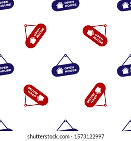 Blue and red Hanging sign with text Open house icon isolated seamless pattern on white background. Signboard with text Open house.  Vector Illustration