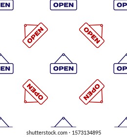Blue and red Hanging sign with text Open door icon isolated seamless pattern on white background.  Vector Illustration