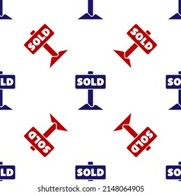 Blau und Rot Hängezeichen mit Text Sold Symbol einzeln auf weißem Hintergrund. Aufkleber verkauft. Geteilte Signatur. Vektorgrafik