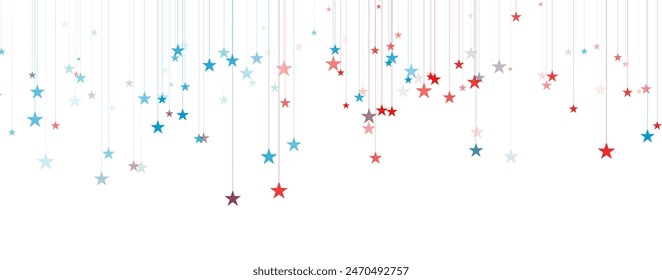 Blue and red hanging stars in American USA flag style abstract background. Independence Day modern vector banner design