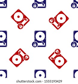 Blue and red Hard disk drive and lock icon isolated seamless pattern on white background. HHD and padlock. Security, safety, protection concept.  Vector Illustration