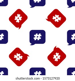 Blue and red Hashtag speech bubble icon isolated seamless pattern on white background. Concept of number sign, social media marketing, micro blogging.  Vector Illustration