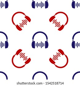 Blue and red Headphone and sound waves icon isolated seamless pattern on white background. Concept object for listening to music, service, communication and operator.  Vector Illustration