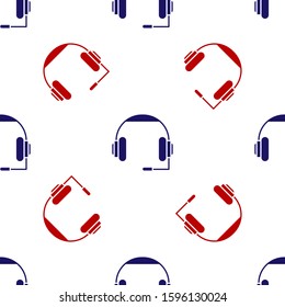 Blue and red Headphones icon isolated seamless pattern on white background. Earphones. Concept for listening to music, service, communication and operator.  Vector Illustration