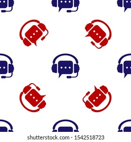 Blue and red Headphones with speech bubble icon isolated seamless pattern on white background. Support customer services, hotline, call center, guideline, maintenance.  Vector Illustration