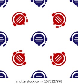 Blue and red Headphones with speech bubble chat icon isolated seamless pattern on white background. Support customer service, hotline, call center, faq, maintenance.  Vector Illustration