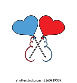 Blue and Red Heart Balloons Vector Clipart - Valentine's Day Romance Balloons, Heart Shaped Silhouettes Criss-Cross