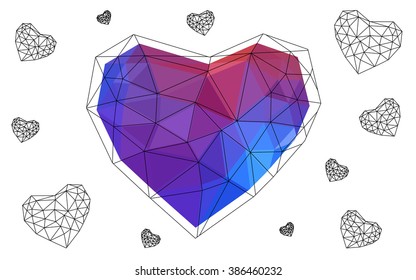 Blue, red heart isolated on white background. Geometric rumpled triangular low poly origami style gradient graphic illustration. Vector polygonal design for your business.