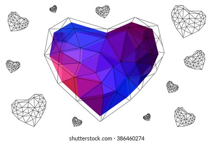 Blue, red heart isolated on white background. Geometric rumpled triangular low poly origami style gradient graphic illustration. Vector polygonal design for your business.