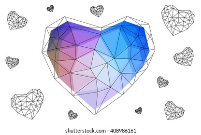 Blue, red heart isolated on white background. Geometric rumpled triangular low poly origami style gradient graphic illustration. Vector polygonal design for your business.
