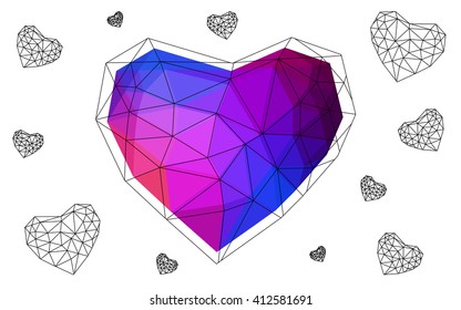 Blue, red heart isolated on white background. Geometric rumpled triangular low poly origami style gradient graphic illustration. Vector polygonal design for your business.