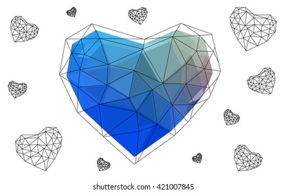 Blue, red heart isolated on white background. Geometric rumpled triangular low poly origami style gradient graphic illustration. Vector polygonal design for your business.