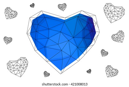 Blue, red heart isolated on white background. Geometric rumpled triangular low poly origami style gradient graphic illustration. Vector polygonal design for your business.