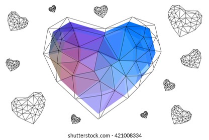 Blue, red heart isolated on white background. Geometric rumpled triangular low poly origami style gradient graphic illustration. Vector polygonal design for your business.