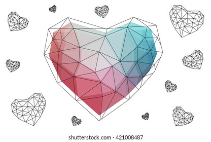 Blue, red heart isolated on white background. Geometric rumpled triangular low poly origami style gradient graphic illustration. Vector polygonal design for your business.