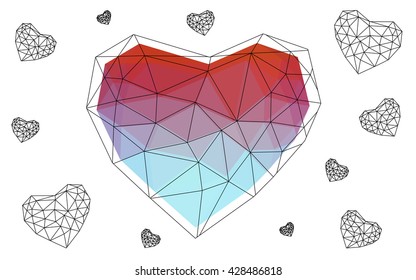 Blue, red heart isolated on white background. Geometric rumpled triangular low poly origami style gradient graphic illustration. Vector polygonal design for your business.
