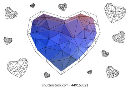 Blue, red heart isolated on white background. Geometric rumpled triangular low poly origami style gradient graphic illustration. Vector polygonal design for your business.