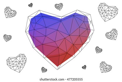 Blue, red heart isolated on white background. Geometric rumpled triangular low poly origami style gradient graphic illustration. Vector polygonal design for your business.