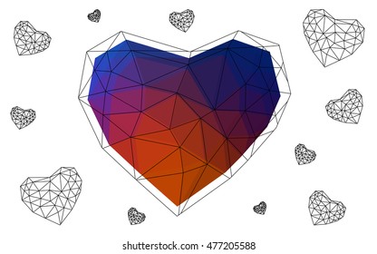 Blue, red heart isolated on white background. Geometric rumpled triangular low poly origami style gradient graphic illustration. Vector polygonal design for your business.