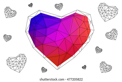Blue, red heart isolated on white background. Geometric rumpled triangular low poly origami style gradient graphic illustration. Vector polygonal design for your business.