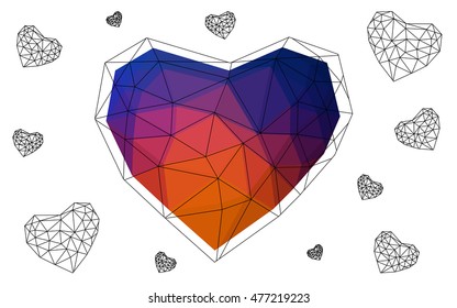 Blue, red heart isolated on white background. Geometric rumpled triangular low poly origami style gradient graphic illustration. Vector polygonal design for your business.