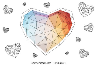 Blue, red heart isolated on white background. Geometric rumpled triangular low poly origami style gradient graphic illustration. Vector polygonal design for your business.