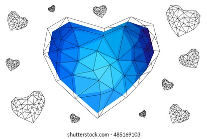 Blue, red heart isolated on white background. Geometric rumpled triangular low poly origami style gradient graphic illustration. Vector polygonal design for your business.