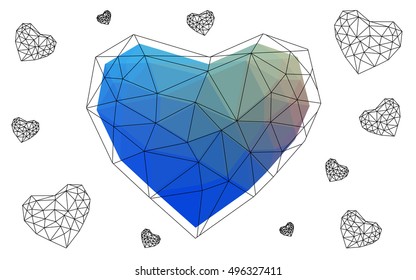Blue, red heart isolated on white background. Geometric rumpled triangular low poly origami style gradient graphic illustration. Vector polygonal design for your business.