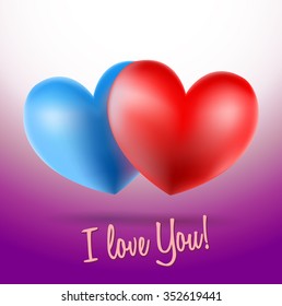 blue and red heart symbols on violet background and i love you words, vector